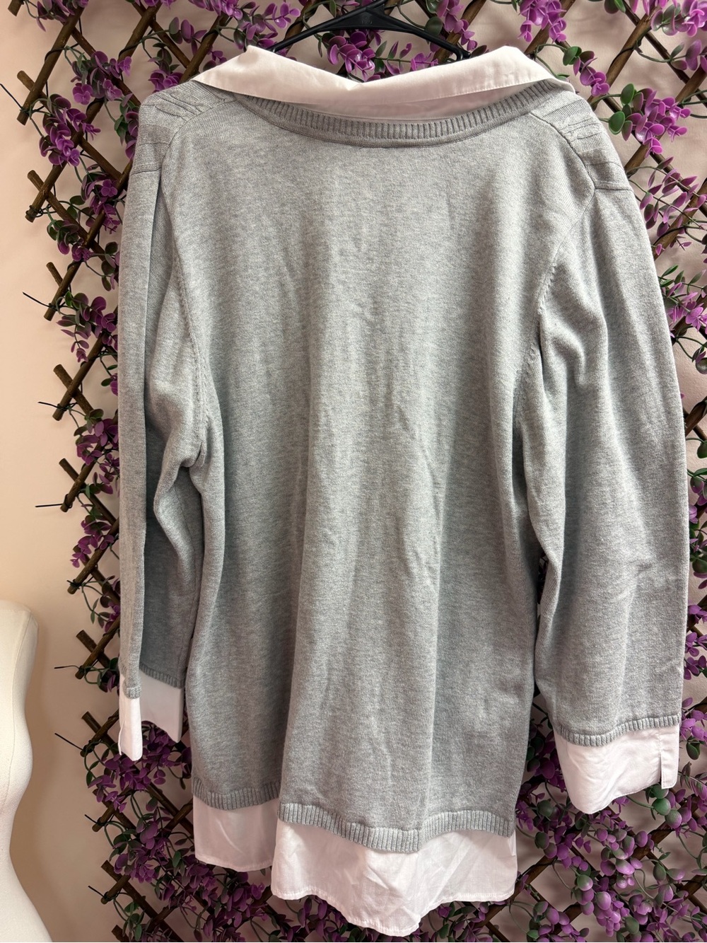 Essentials Light Gray V-Neck Cable-Knit Sweater with White Shirt Trim - Picture 3 of 3